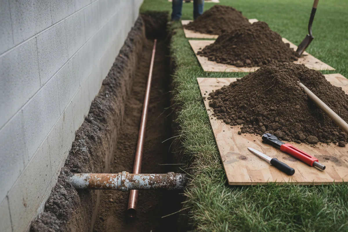 Excavated water line trench during Water Softener Installation in Hartsburg
